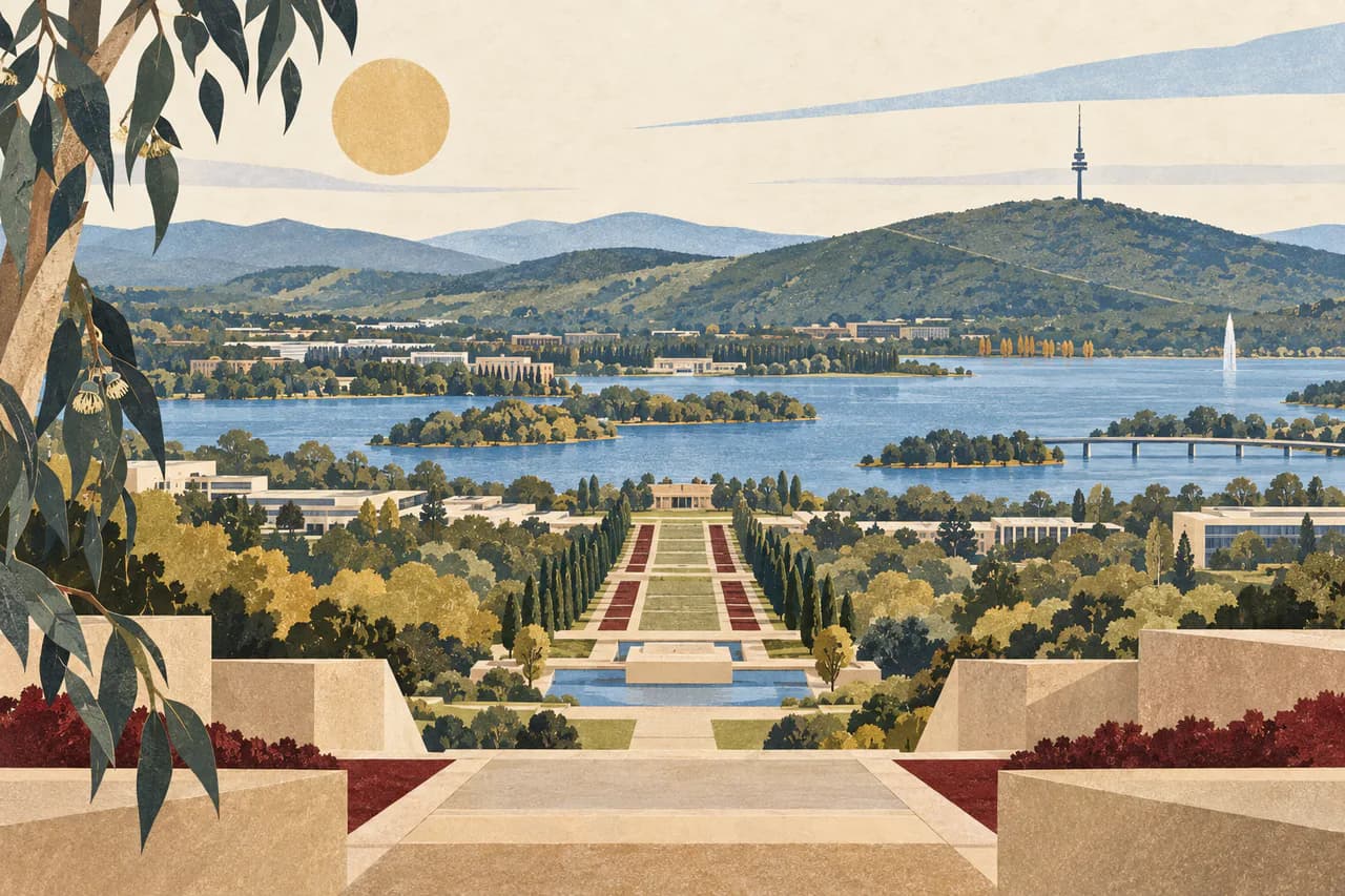Editorial collage of Canberra lake, planned avenues and surrounding bush ridges