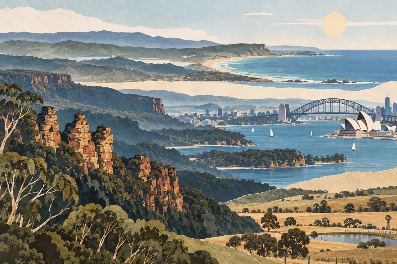 Editorial collage of New South Wales coast, harbour, ranges and inland country