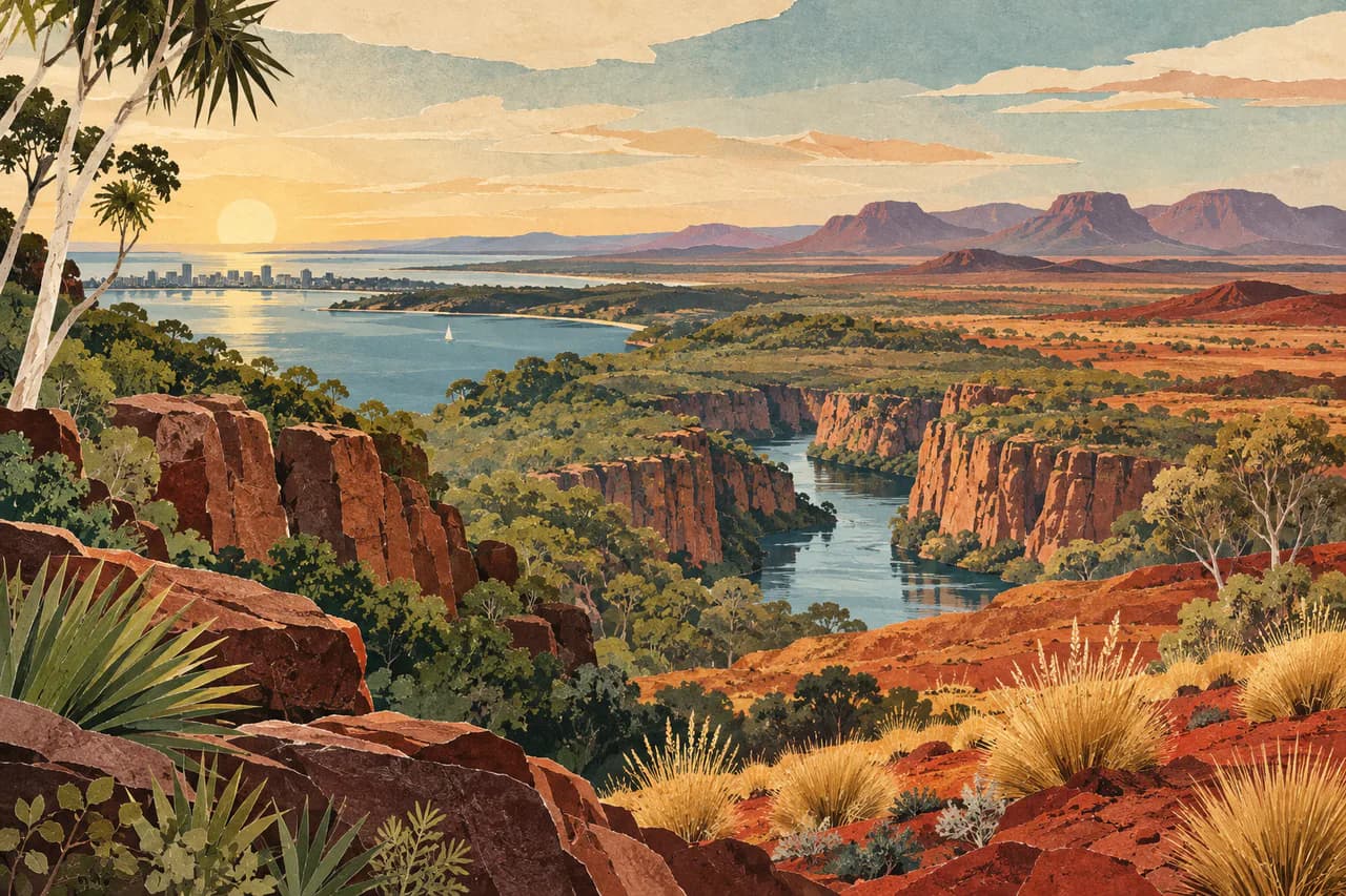 Editorial collage of Darwin harbour, tropical escarpment, gorge country and Central Australian ranges