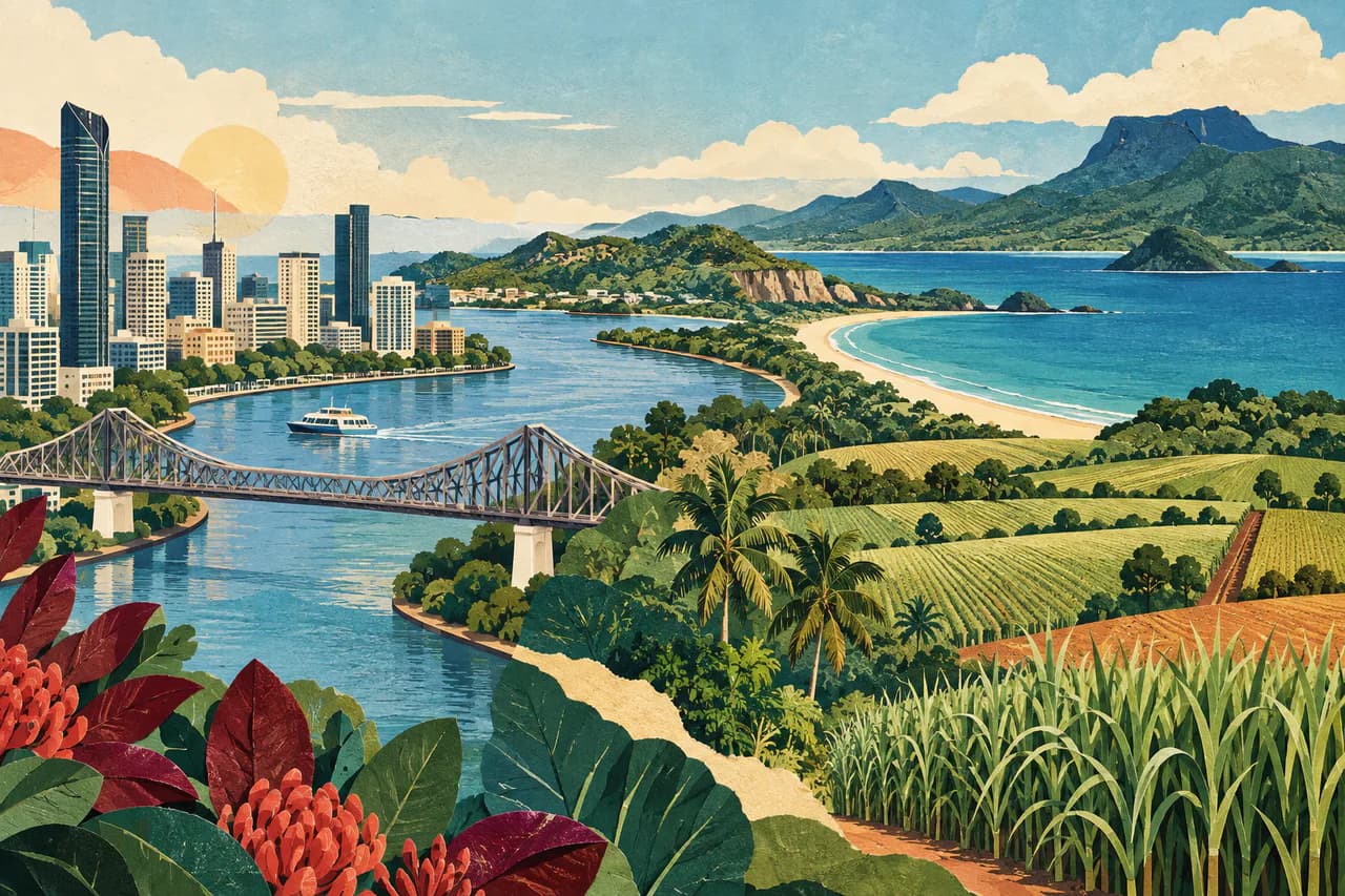 Editorial collage of Brisbane river, Queensland coast, rainforest and agricultural country