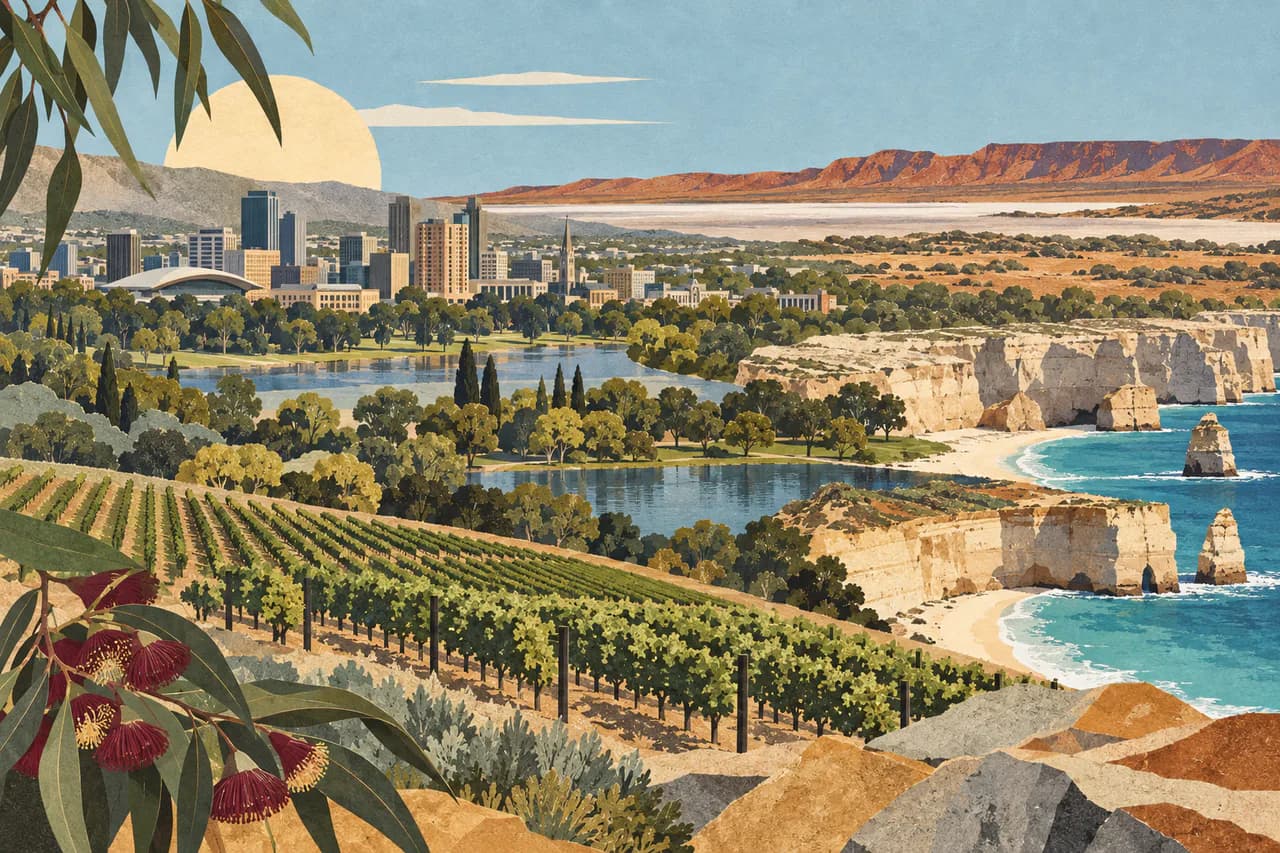 Editorial collage of Adelaide parklands, vineyards, limestone coast and inland South Australia