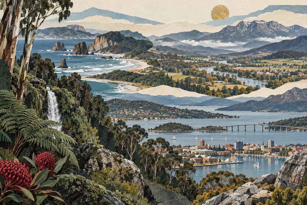 Editorial collage of Hobart, northern valleys, Tasmanian coast and cool temperate forest