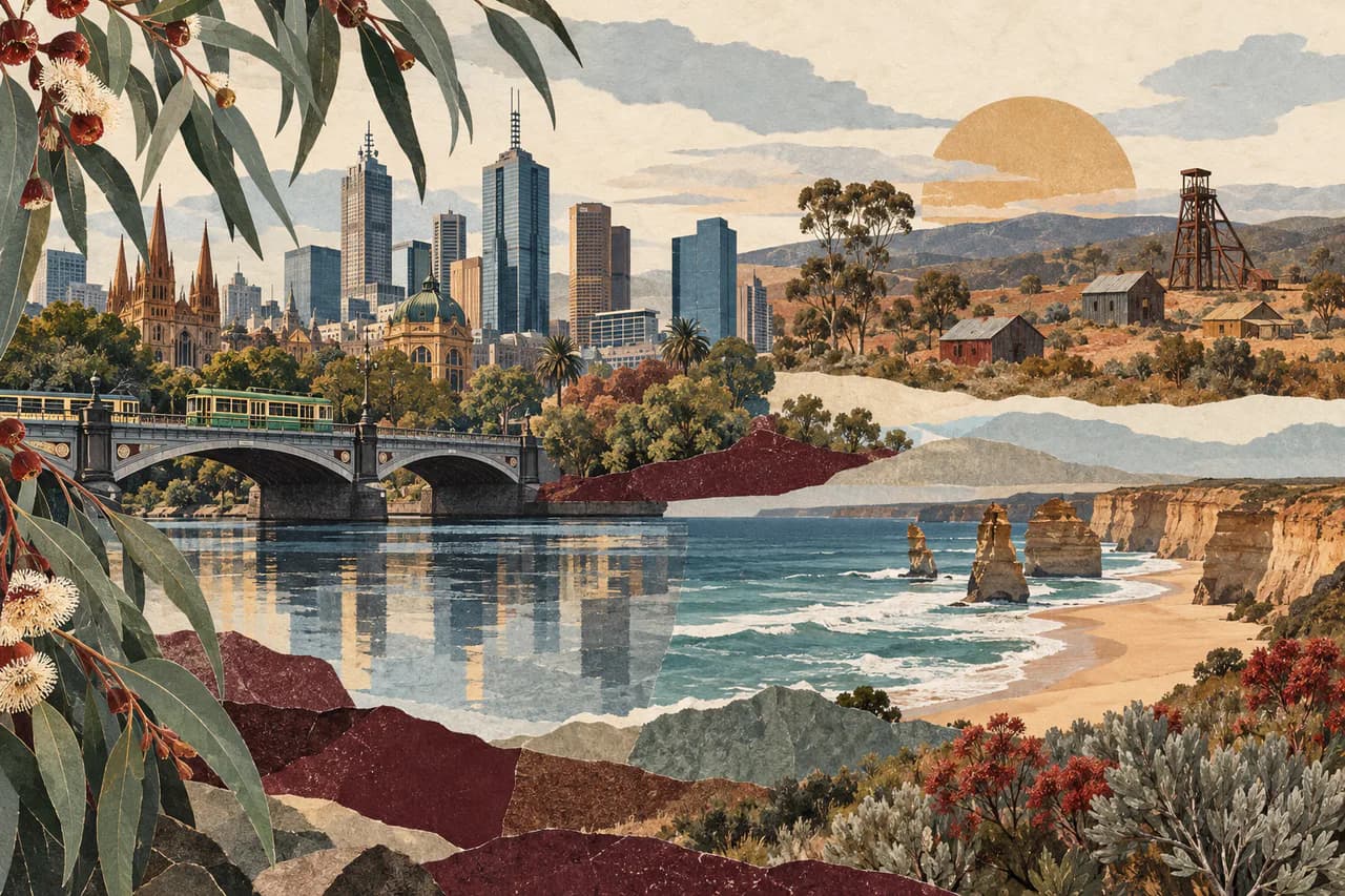 Editorial collage of Melbourne, temperate coast and regional Victorian landscape