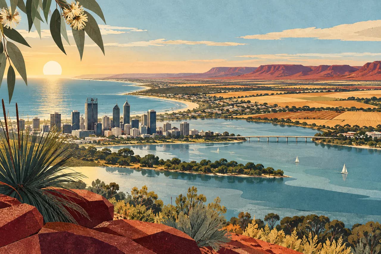 Editorial collage of Perth, western coastline, wheatbelt and red-earth ranges
