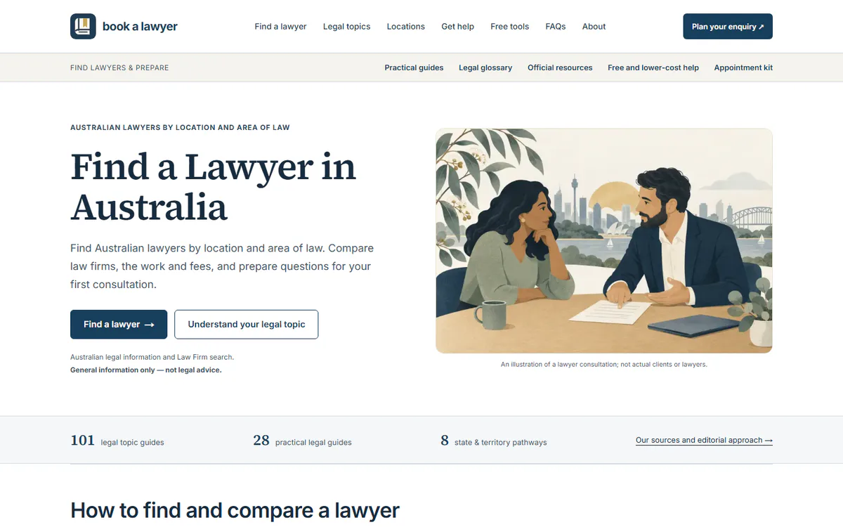 Book a Lawyer homepage captured on 26 September 2026