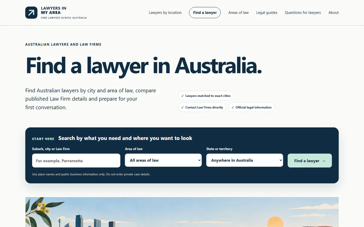 Lawyers in My Area homepage captured on 26 September 2026